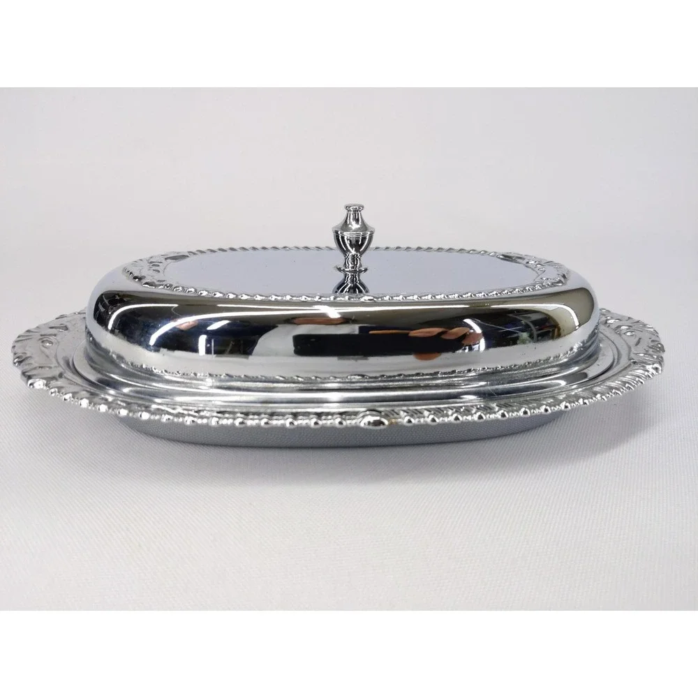 vtg Danny Wilson Original Butter Dish Chrome Plated‎ Glass Liner Repousse Lid